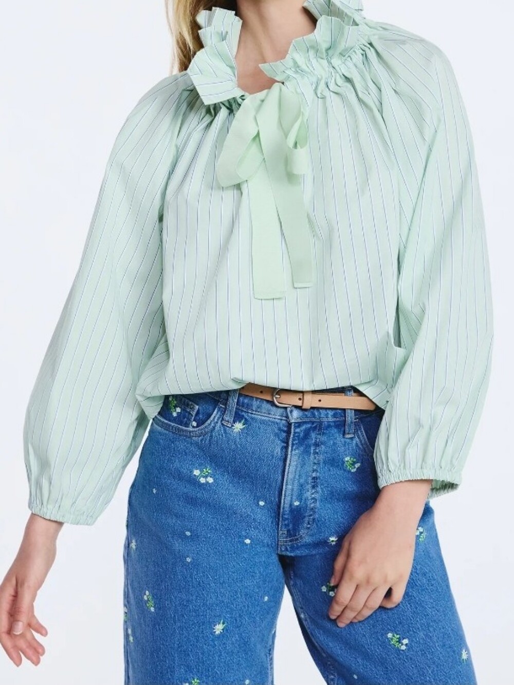 Free Assembly Women's Ruffle Tie Neck Cotton Top with Long Puff Sleeves Sizes XL